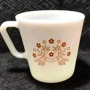 Pyrex Summer Impressions Coffee Mug Milk Glass Brown Flower Design
